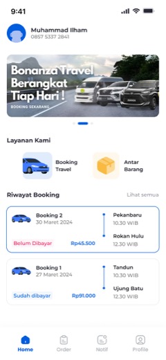 Bonanza Travel home with booking history