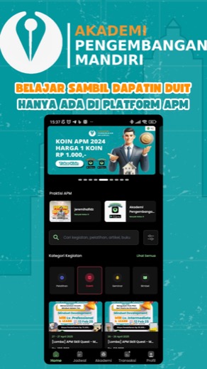 eduapm home screen with coin balance and event categories